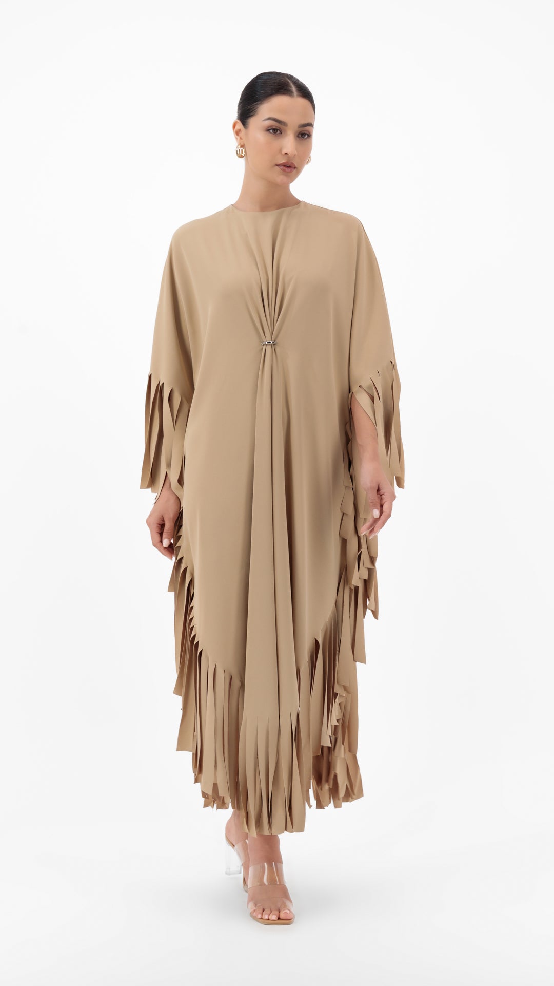 Striped Fringe Dress Beige