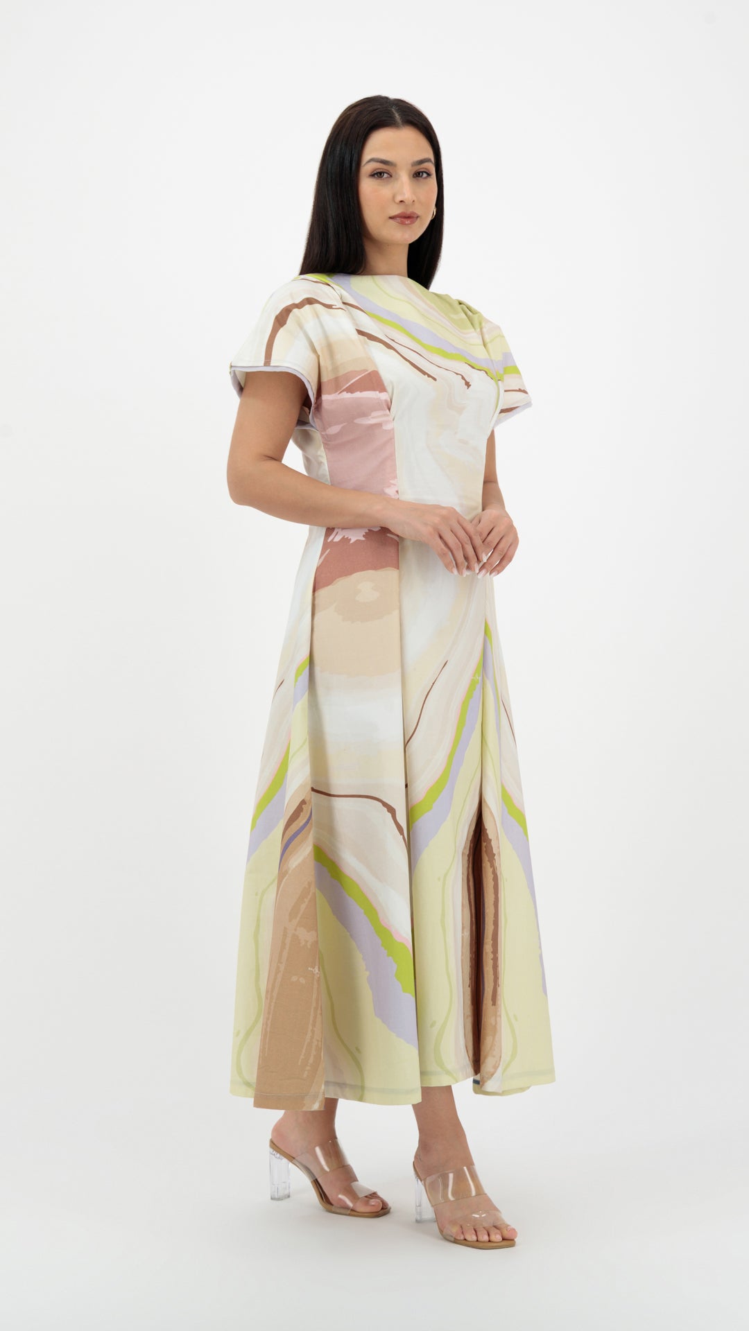 فستان منسدل مطوي من الشيفون الحريري المطبوع