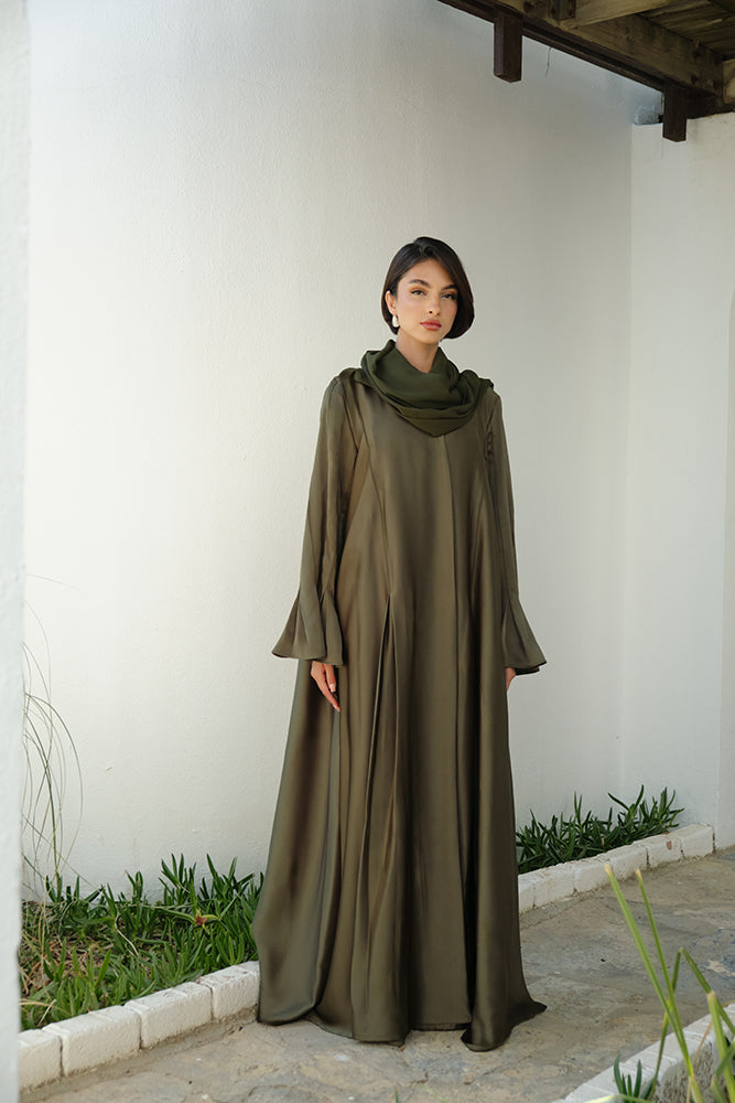 Olive green abaya with pleats