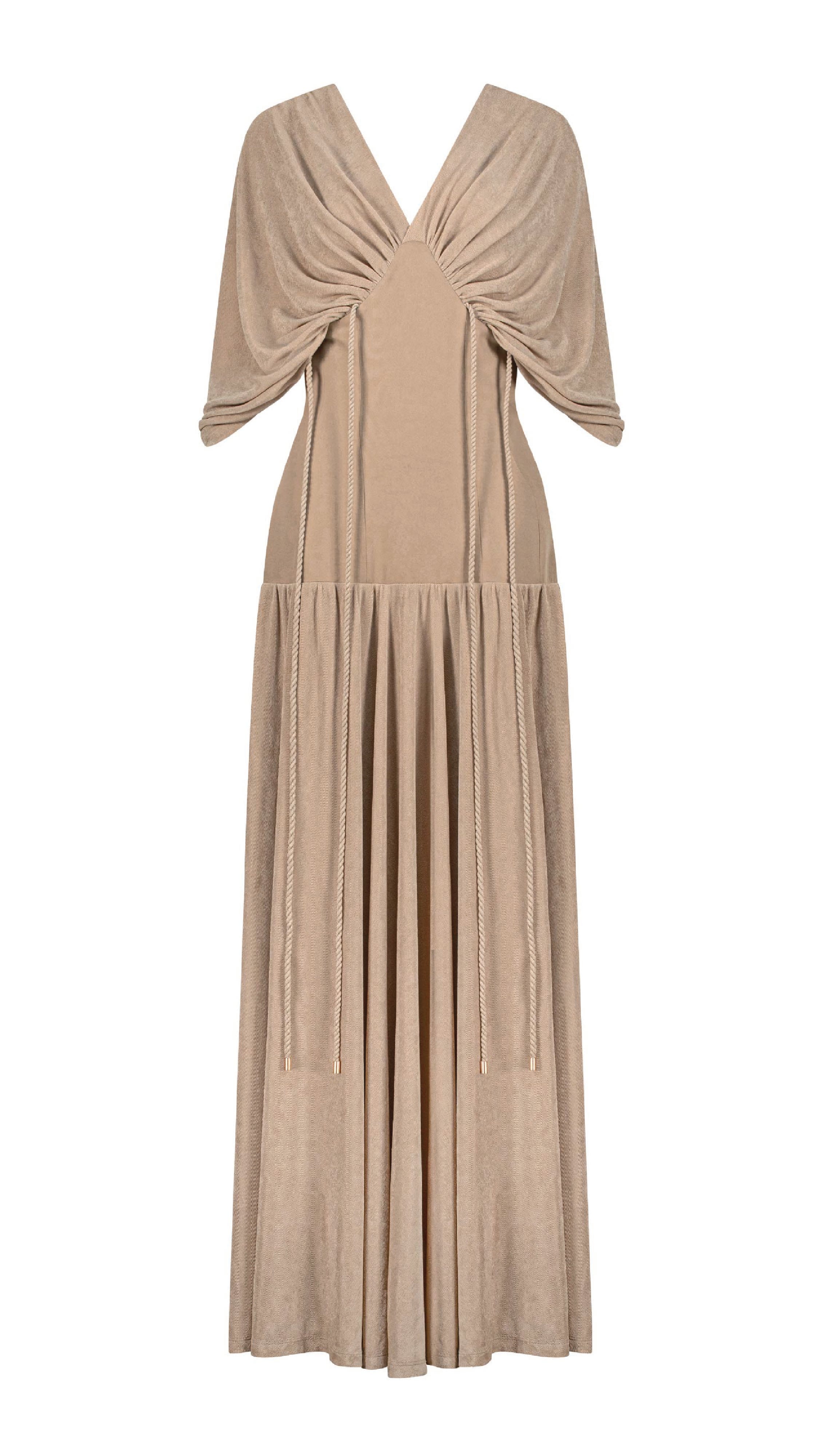 Long beige dress with waist ties