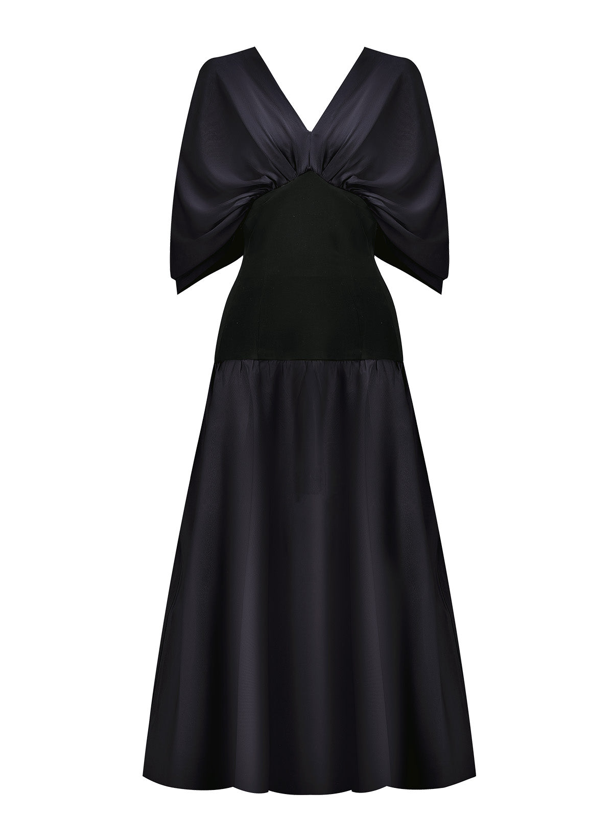 black and navy crape dress with a corset silhouette