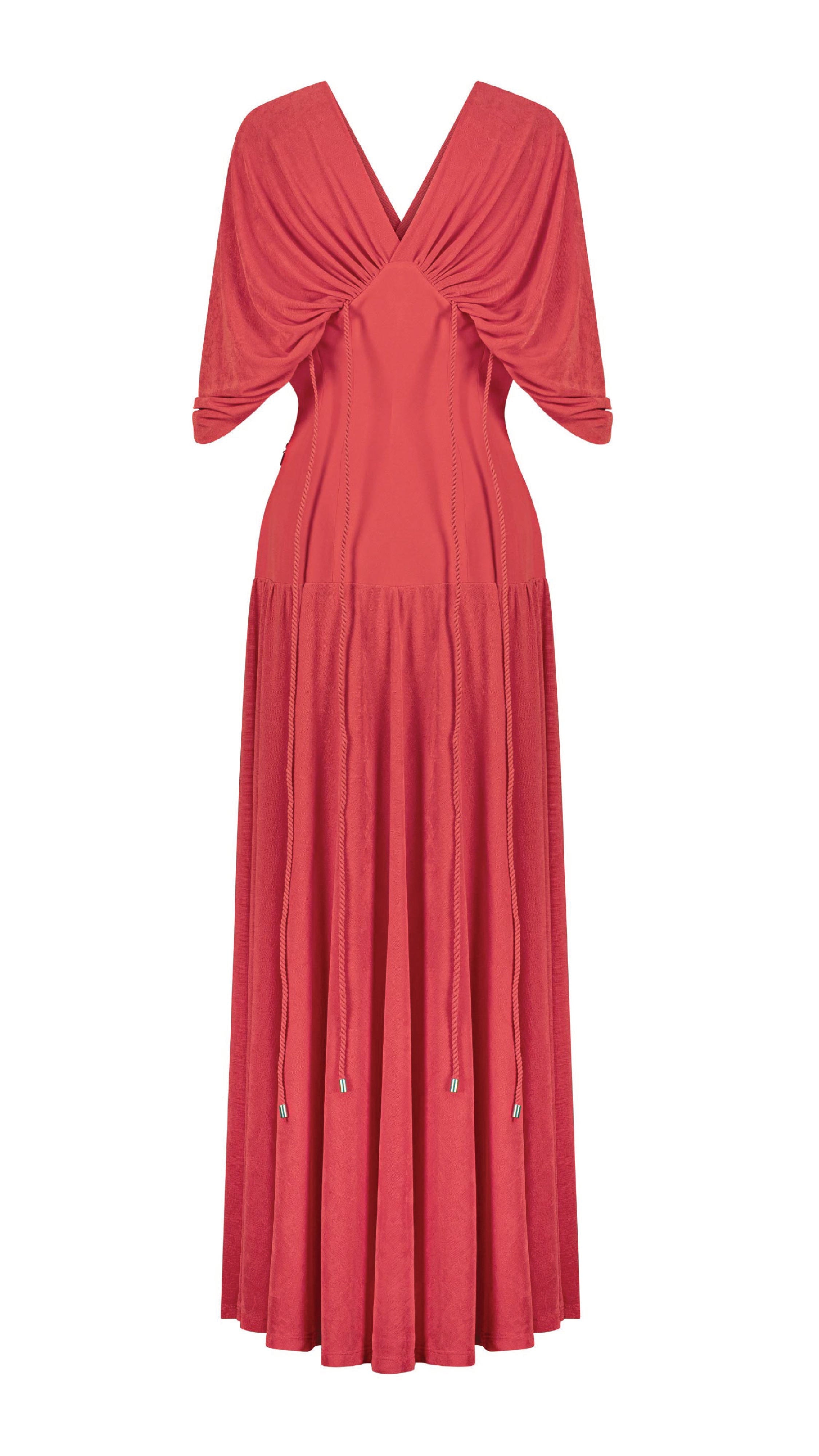 Long vibrant red dress with waist ties