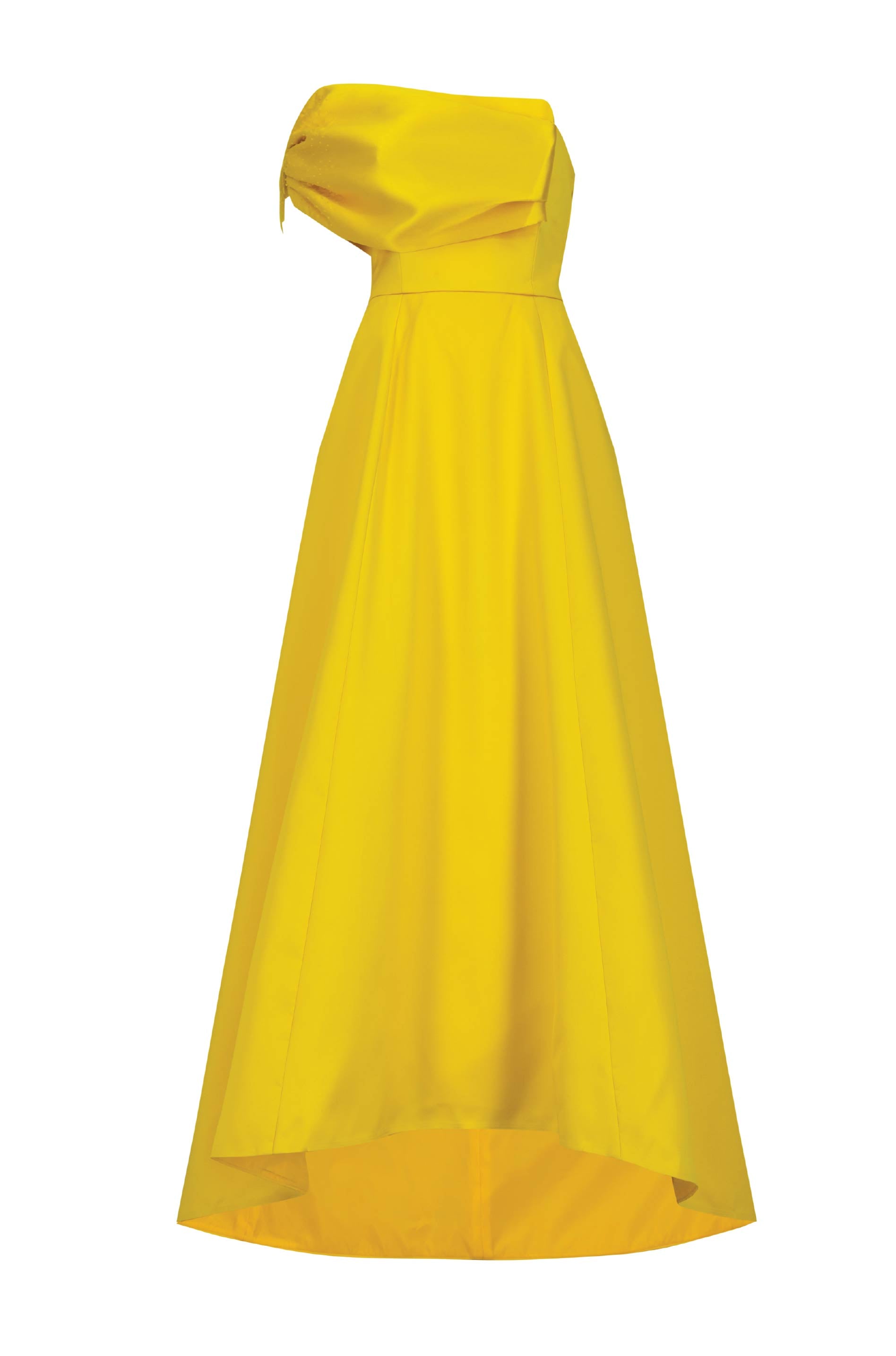 A yellow corset dress with embroidery on the sleeves.