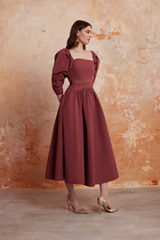 burgundy puff sleeves dress in taffeta