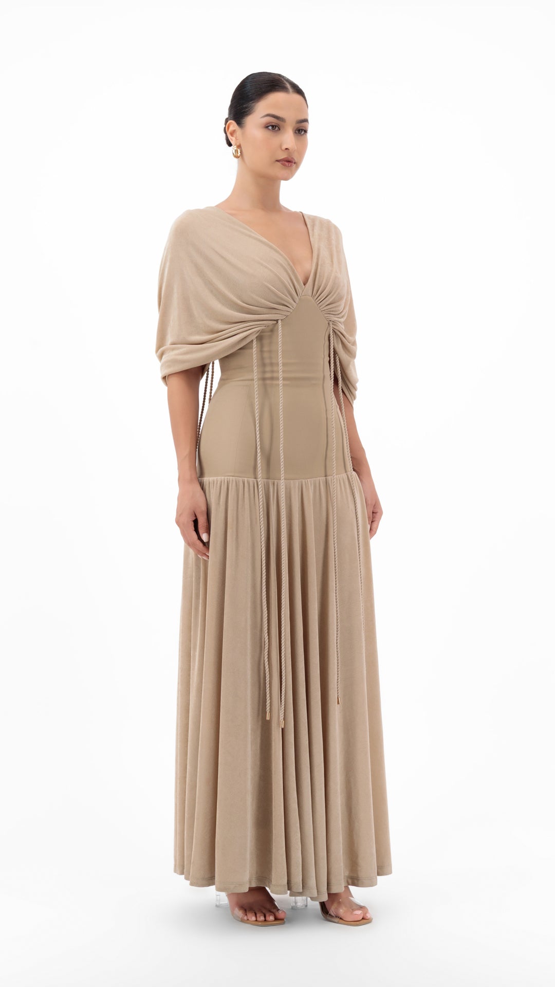 Long beige dress with waist ties