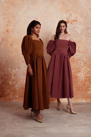 burgundy puff sleeves dress in taffeta