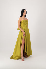 An olive green top dress with a ribbon at the back.