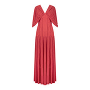 Long vibrant red dress with waist ties