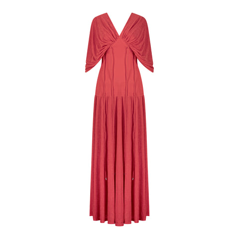 Long vibrant red dress with waist ties