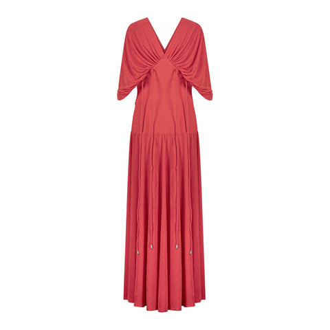 Long vibrant red dress with waist ties