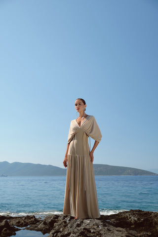 Long beige dress with waist ties