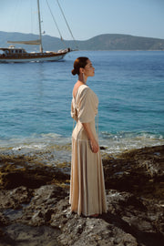 Long beige dress with waist ties