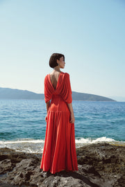 Long vibrant red dress with waist ties