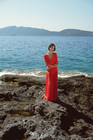 Long vibrant red dress with waist ties