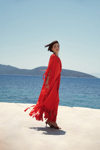Striped Fringe Dress – Red
