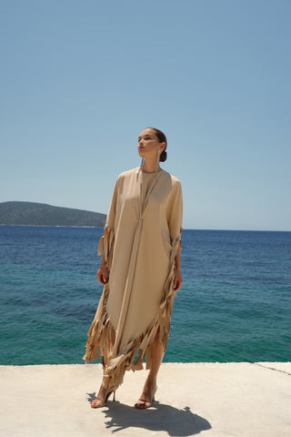 Striped Fringe Dress - Beige