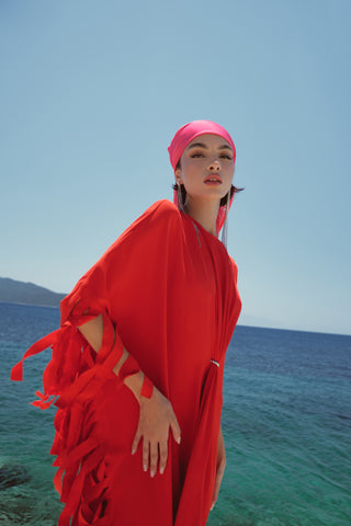 Striped Fringe Dress – Red