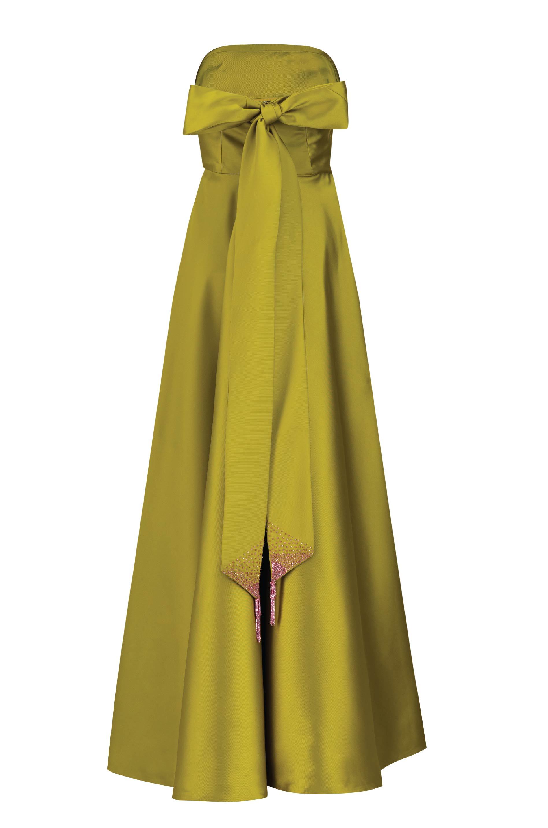 An olive green top dress with a ribbon at the back.