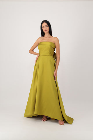 An olive green top dress with a ribbon at the back.