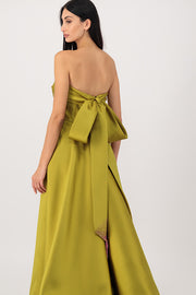 An olive green top dress with a ribbon at the back.