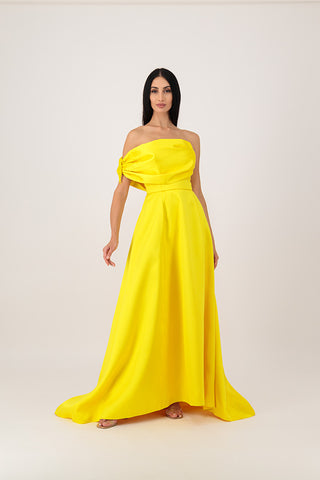 A yellow corset dress with embroidery on the sleeves.