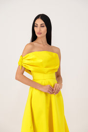 A yellow corset dress with embroidery on the sleeves.