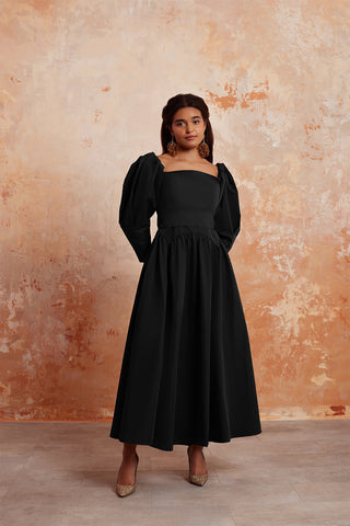 black puff sleeves dress in taffeta