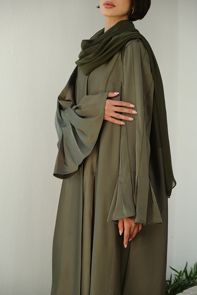 Olive green abaya with pleats