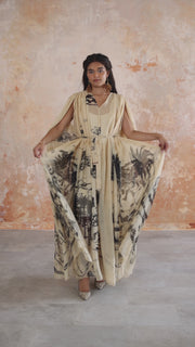 pleated flowy dress in printed silk chiffon