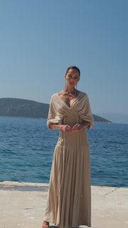 Long beige dress with waist ties