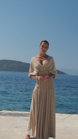 Long beige dress with waist ties