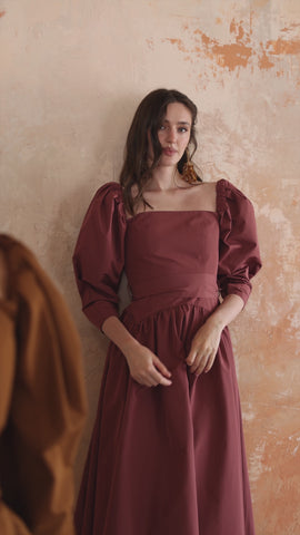 burgundy puff sleeves dress in taffeta