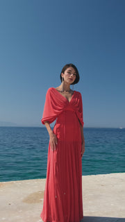 Long vibrant red dress with waist ties