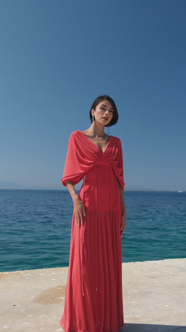 Long vibrant red dress with waist ties