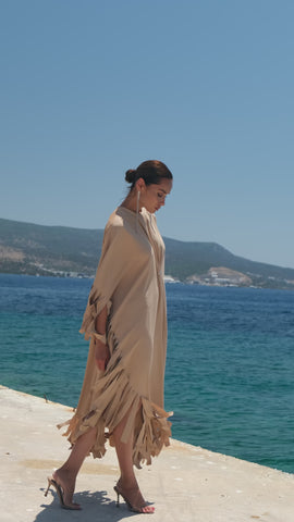 Striped Fringe Dress - Beige